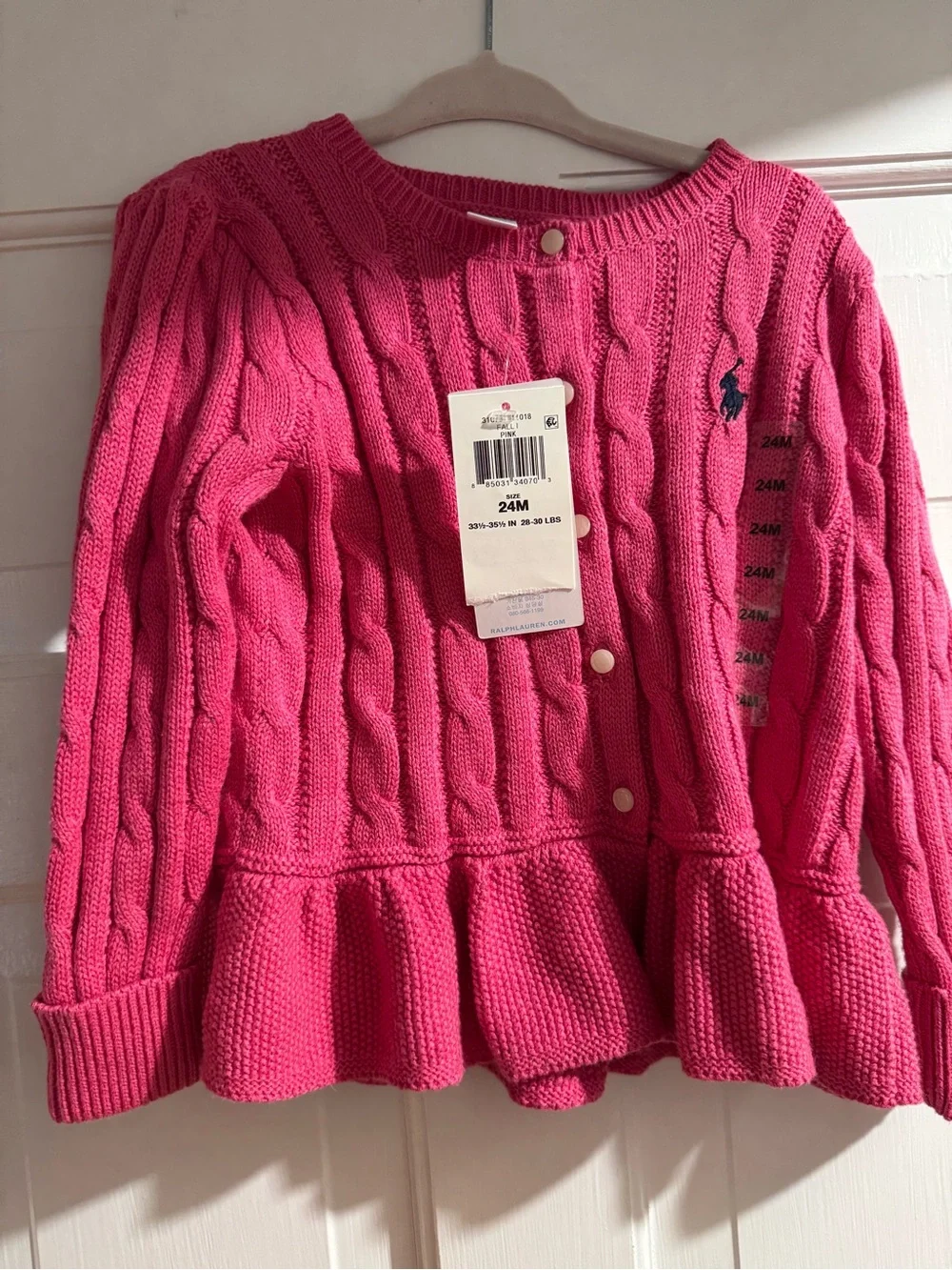 Ralph Lauren Hot Pink Cable Knit Cardigan with Polo Logo